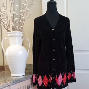 Chenille Valerie Stevens Black Cardigan with Pink and Red Argyle Sweater